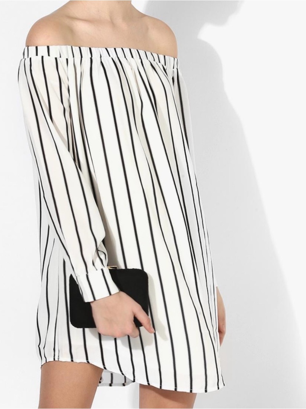 The Hanger Off-Shoulder Black and White Striped Mini Dress